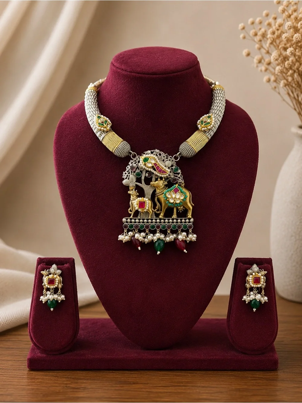 Traditional Gold-Tone Green and Red Kundan Necklace Set - Women Jewelry
